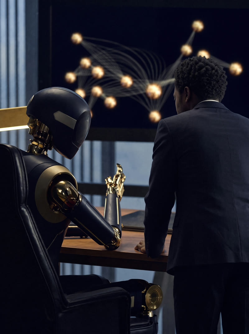 A robot and a professional working together on an AI workflow