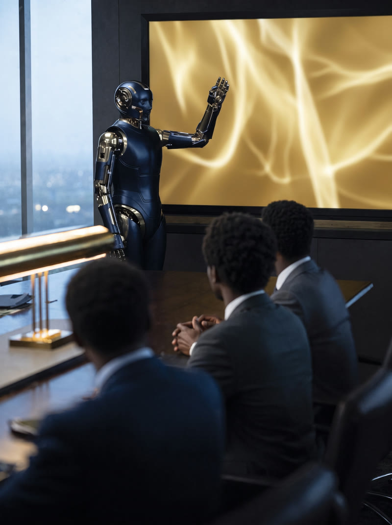 A humanoid robot presenting to a boardroom of executives