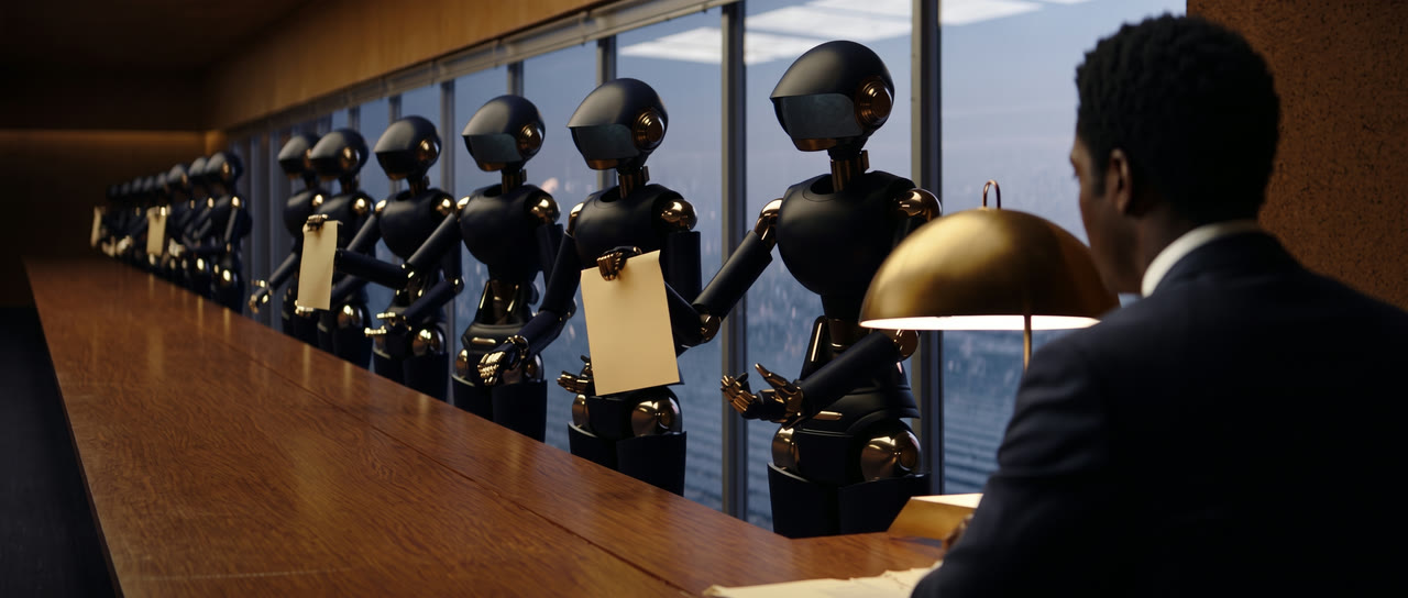 A line of robots passing work along a counter to a human manager who reviews it