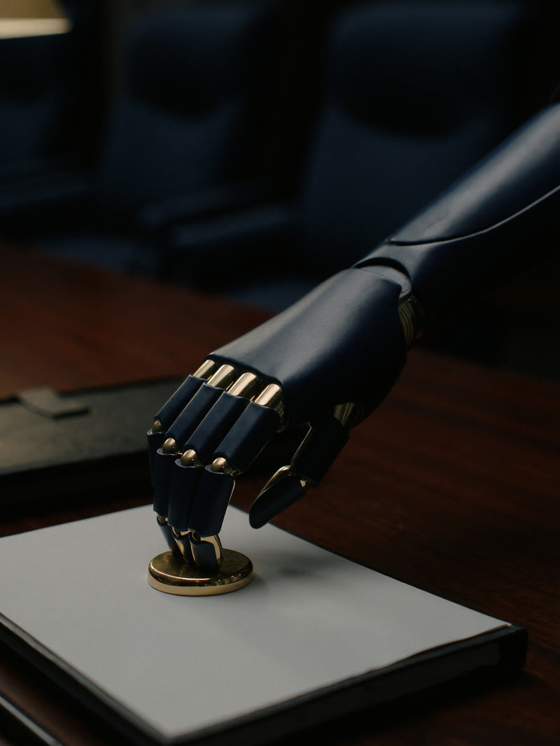 A robot hand pressing a brass seal onto a policy document